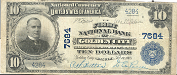 1902 $10.00. Golden City, MO Blue Seal.