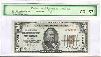 1929 $50.00. Muskogee, OK Ty. 1. PCG (not PCGS) CU-63.