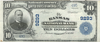 1902 $10.00. Kansas, IL Blue Seal. AU.