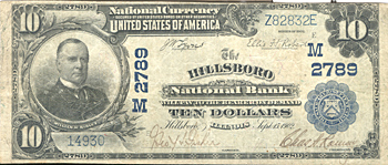 1902 $10.00. Hillsboro, IL Blue Seal. VF.