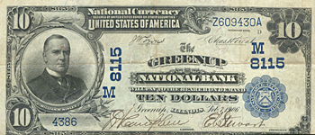 1902 $10.00. Greenup, IL Date Back Blue Seal. VF.