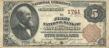 1882 $5.00. San Francisco, CA Brown Back. VF.