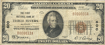 1929 $20.00. Three Rivers, Michigan Ty. 1. F.