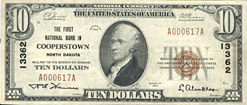 1929 $10.00. Cooperstown, North Dakota Ty. 1. VF.