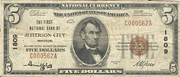 1929 $5.00. Jefferson City, MO Ty. 1. F.