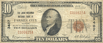 1929 $10.00. Farmer City, Illinois Ty. 1. F.