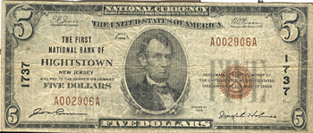 1929 $5.00. Hightstown, NJ Ty. 1. F.