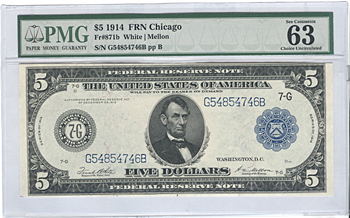 1914 $5.00. Blue Seal Chicago. PMG CHCU-63.