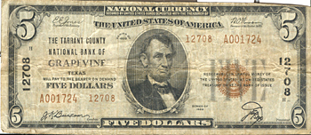 1929 $5.00. Grapevine, TX Ty. 2. F.