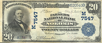 1902 $20.00. Nokomis, Illinois Blue Seal. VF.