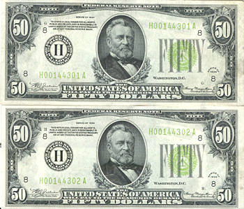 Two Sequential 1934 $50.00 St. Louis. CHCU.