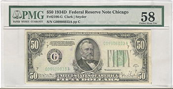 1934-D $50.00 Chicago. PMG AU-58.