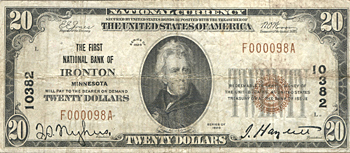 1929 $20.00. Ironton, MN Ty. 1. F.