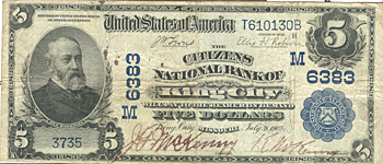 1902 $5.00. King City, MO Blue Seal. F.