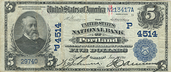 1902 $5.00. Portland, OR Date Back Blue Seal. F+.