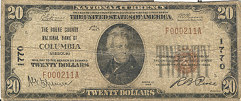 1929 $20.00. Columbia, MO Ty. 1. VG.