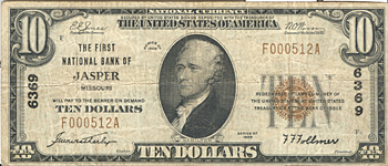 1929 $10.00. Jasper, MO Ty. 1. F.