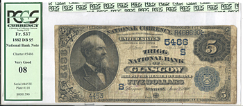 1882 $5.00. Glasgow, KY Value Back. PCGS VG-8.