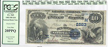 1882 $10.00. Des Moines, IA Value Back. PCGS VF-20.