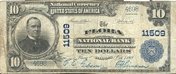 1902 $10.00. Flora, IL Blue Seal. F.