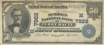 1902 $50.00. Terre Haute, IN Date Back Blue Seal. VF.