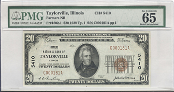 1929 $10.00. Taylorville, IL Ty. 1. PMG GemCU-65.