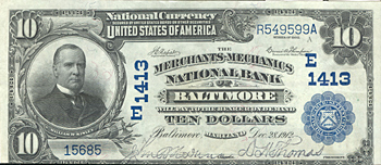 1902 $10.00. Baltimore, MD Date Back Blue Seal. XF.