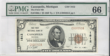 1929 $5.00. Cassopolis, MI Ty. 1. PMG GemCU.