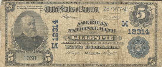 1902 $5.00. Gillespie, IL Charter# 12314 Blue Seal. VG.