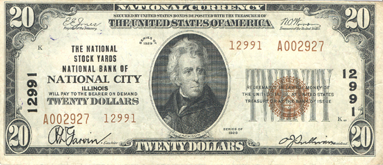 1929 $20.00. National City, IL Charter# 12991 Ty. 2. VF.