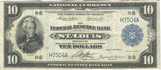 1918 $10.00 Saint Louis. VF.