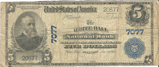 1902 $5.00. White Hall, IL Charter# 7077 Blue Seal. VG.