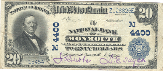 1902 $20.00. Monmouth, IL Charter# 4400 Blue Seal. VF.