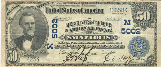 1902 $50.00 Date Back. Saint Louis, MO Charter# 5002 Blue Seal. VF.
