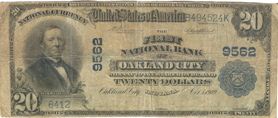 1902 $20.00. Oakland City, IN Charter# 9562 Blue Seal. Good.