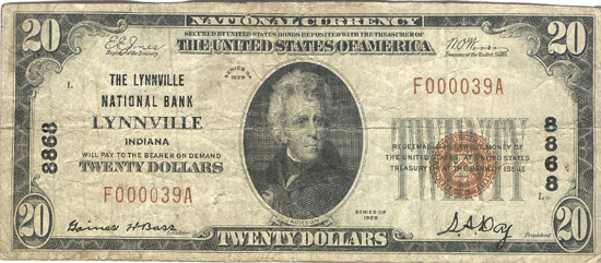 1929 $20.00. Lynnville, IN Charter# 8868 Ty. 1. F.