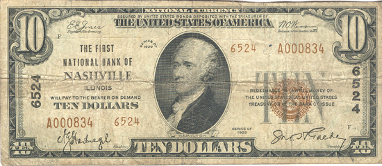 1929 $10.00. Nashville, IL Charter# 6524 Ty. 2. F.