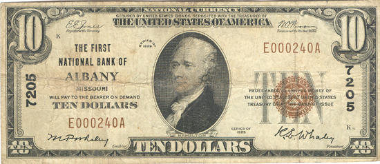 1929 $10.00. Albany, MO Charter# 7205 Ty. 1. F.