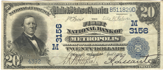 1902 $20.00. Metropolis, IL Charter# 3156 Blue Seal. VF.