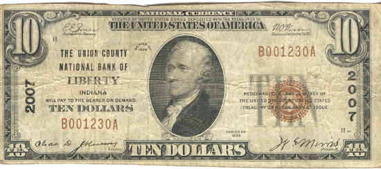 1929 $10.00. Liberty, IN Charter# 2007 Ty. 1. F.