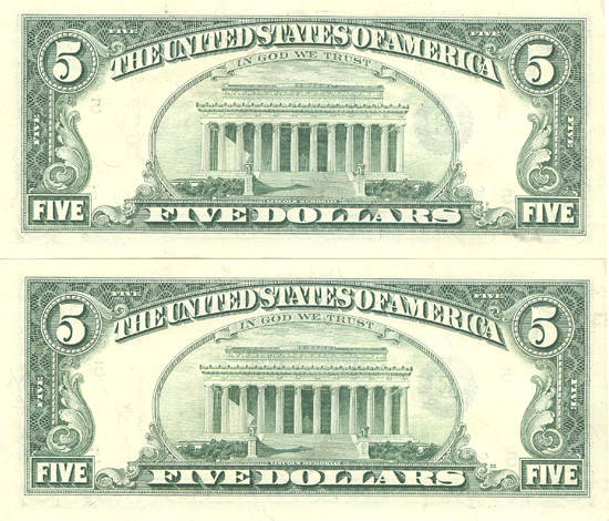 Two Sequential 1995 $5 Richmond Missing Seal and Serial Number Errors. GemCU.