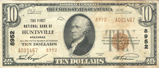 1929 $10.00. Huntsville, AR Charter# 8952 Ty. 2. VF.