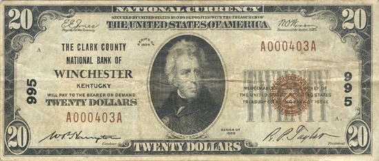 1929 $20.00. Winchester, KY Charter# 995 Ty. 1. F.