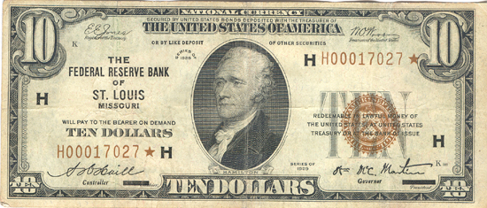 1929 $10.00 Saint Louis Star. VF.