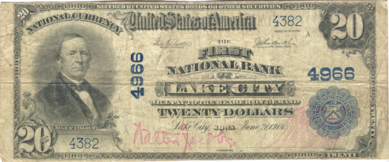 1902 $20.00. Lake City, IA Charter# 4966 Blue Seal. F.