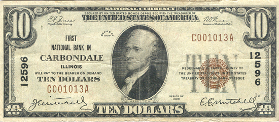 1929 $10.00. Carbondale, IL Charter# 12596 Ty. 1. VF.