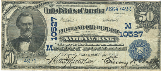 1902 $50.00. Detroit, MI Charter# 10527 Blue Seal Date Back. F.