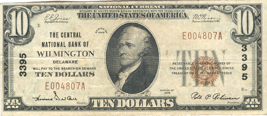 1929 $10.00. Wilmington, DE Charter# 3395 Ty. 1. VF.