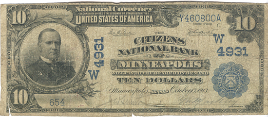 1902 $10.00. Minneapolis, KS Charter# 4931 Blue Seal Date Back. VG.