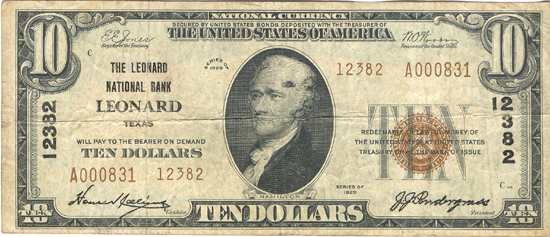 1929 $10.00. Leonard, TX Charter# 12382 Ty. 2. F.